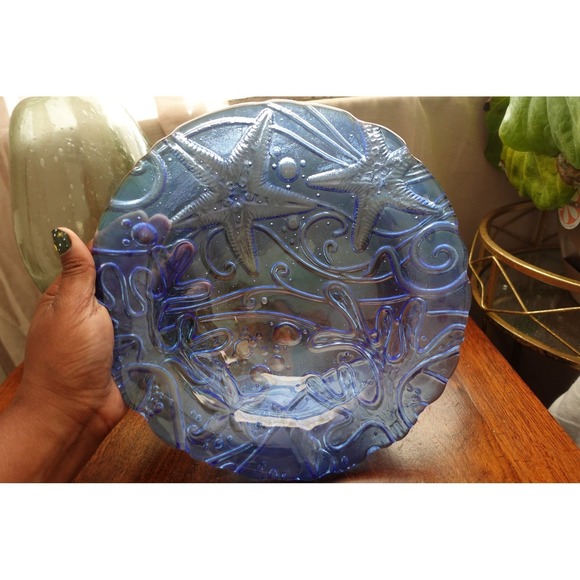 Blue Iridescent Glass Plate Starfish Seashell Decorative Display Dish - Picture 1 of 10